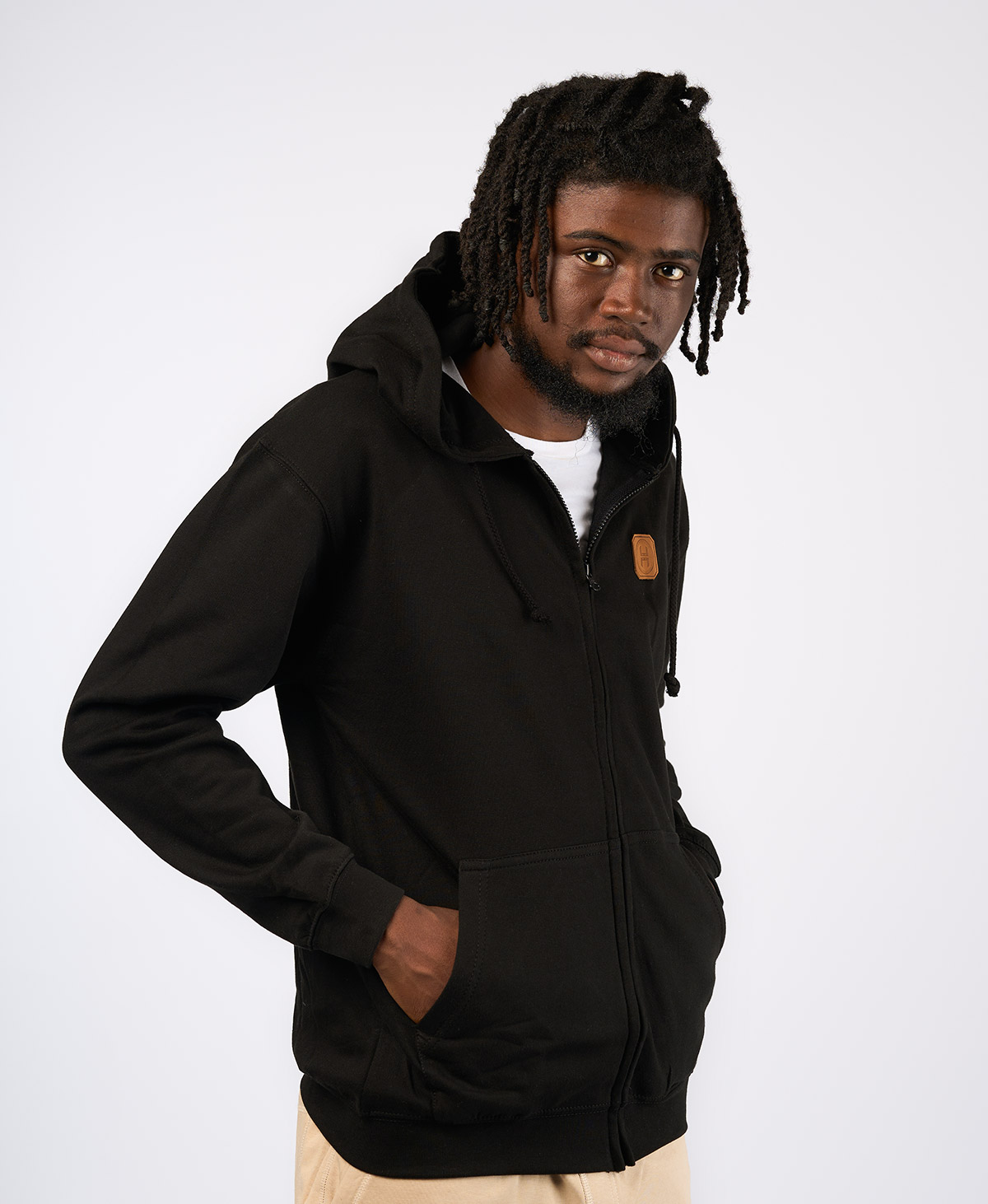 Leather Patch Zip-Up Hoodie (Black) - Image 4